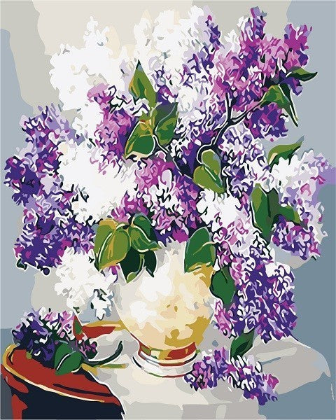 Flores Moradas y Blancas en Florero Amarillo sobre Mesa Pintar por Números