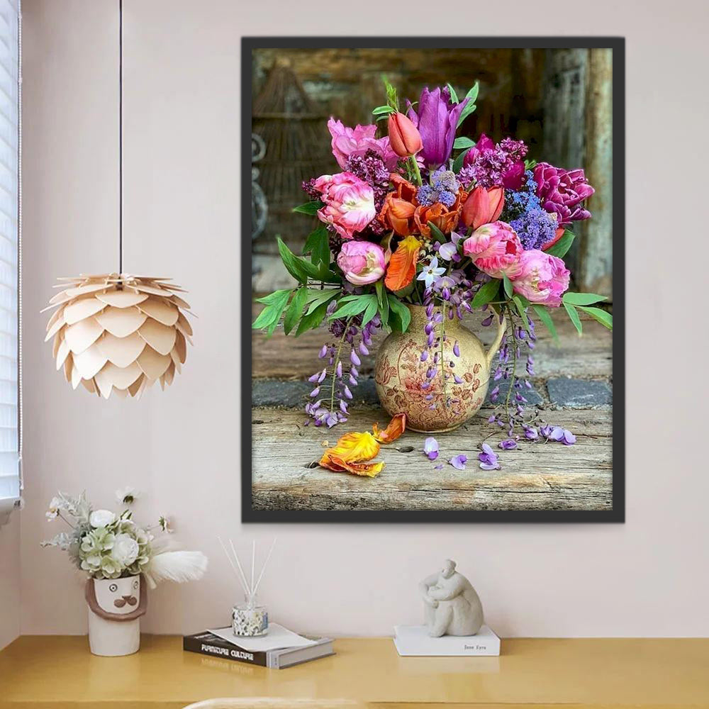 Flores Moradas y Rosadas en Florero Redondo Amarillo Pintar por Números