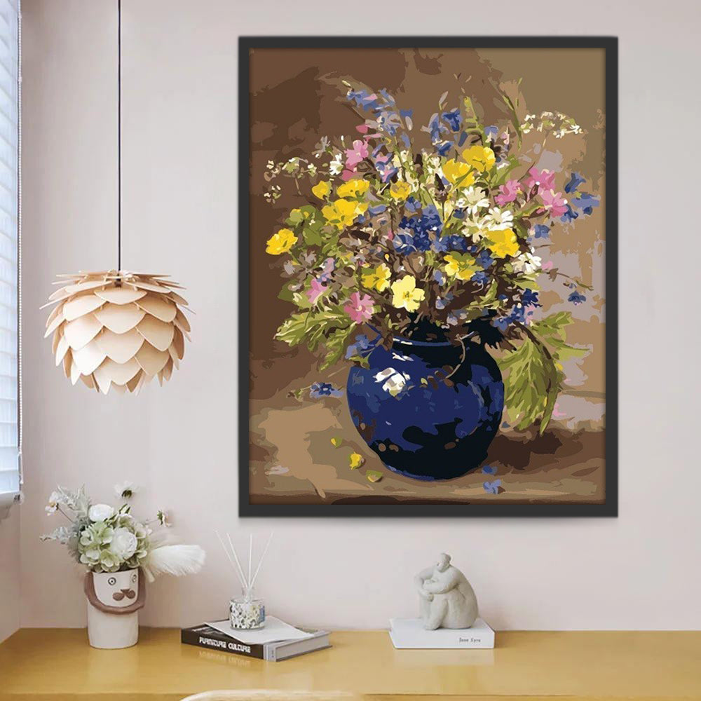 Flores Pequeñas Coloridas en Florero de Color Azul Oscuro Pintar por Números