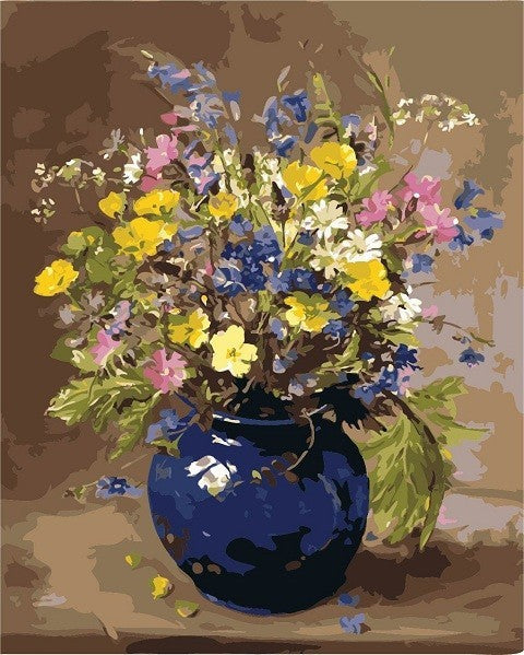 Flores Pequeñas Coloridas en Florero de Color Azul Oscuro Pintar por Números