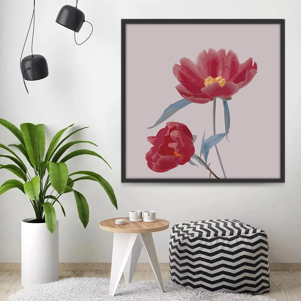 Flores Rojas con Estambres Amarillos y Hojas Azules Pintar por Números