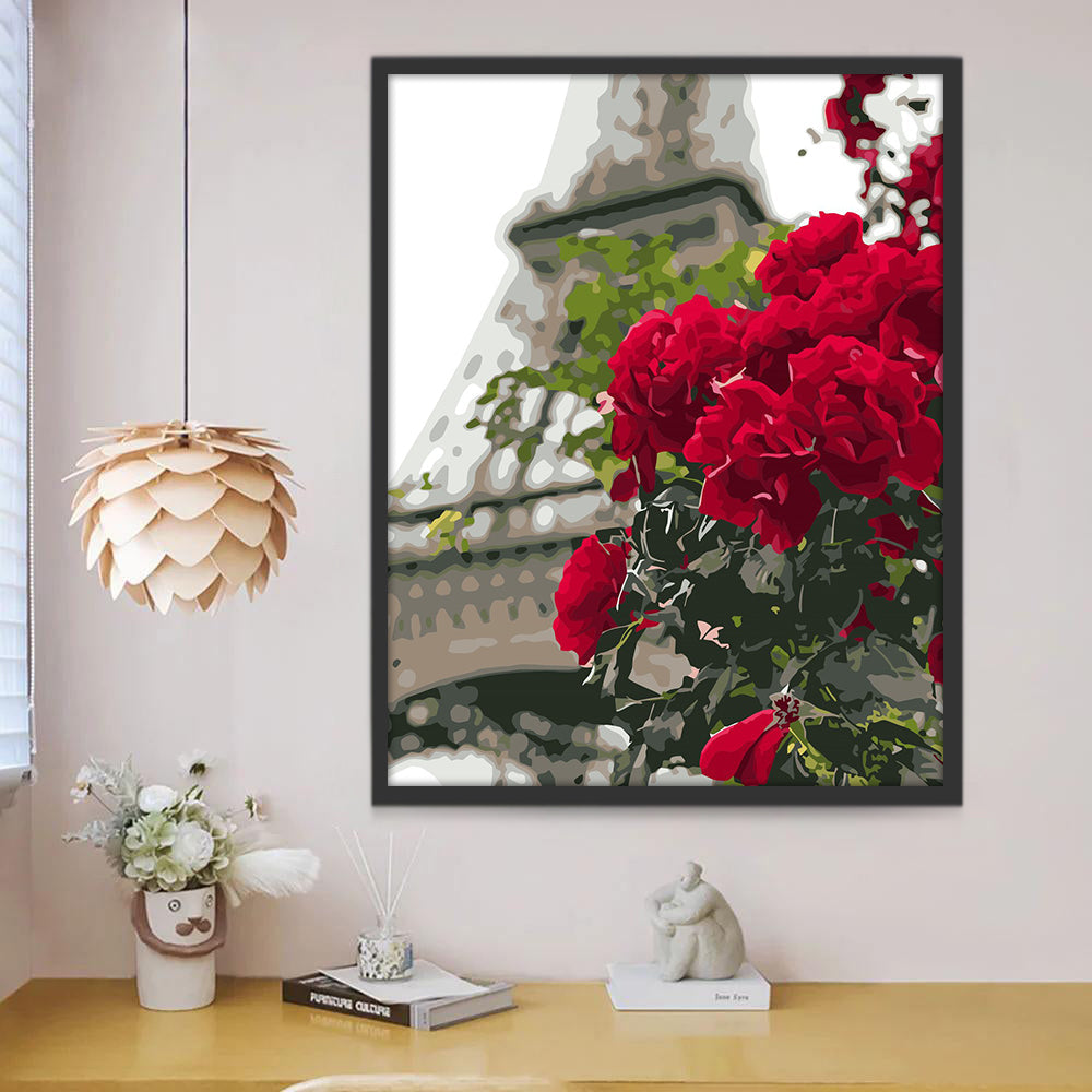 Flores Rojas con Torre Eiffel al Fondo Pintar por Números