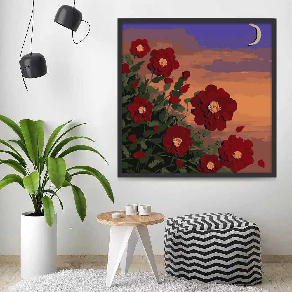 Flores Rojas de Hojas Verdes y la Luna al Atardecer Pintar por Números