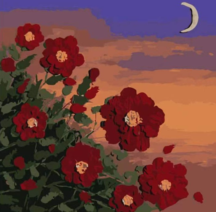 Flores Rojas de Hojas Verdes y la Luna al Atardecer Pintar por Números