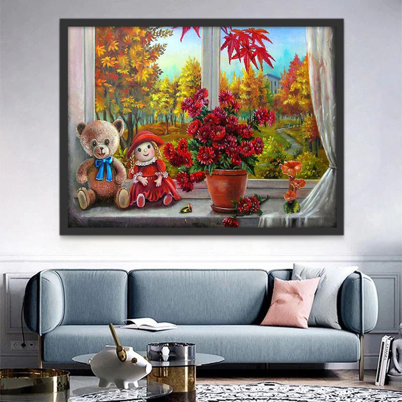 Flores Rojas sobre Alféizar y Árboles Fuera de Ventana Pintar por Números
