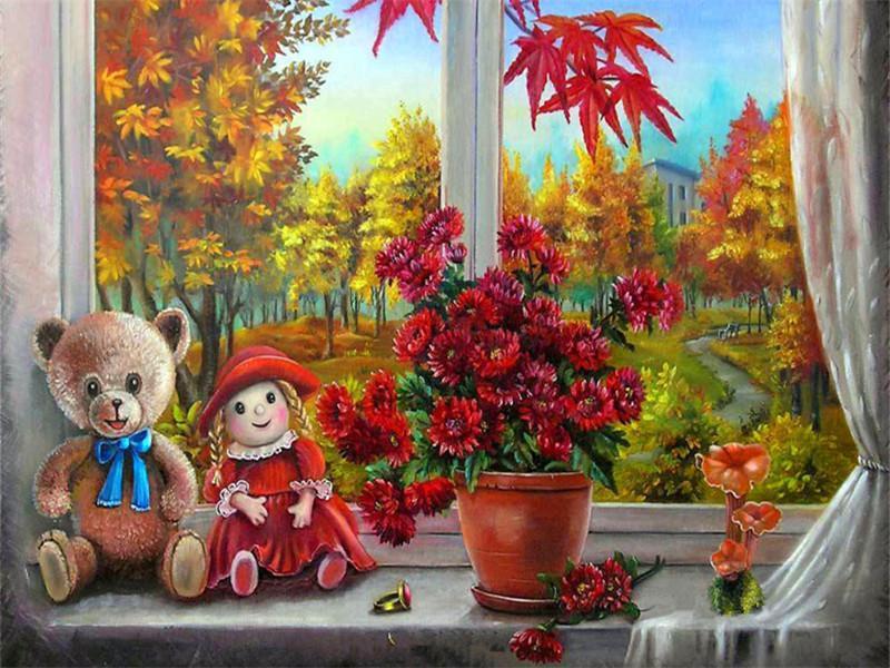 Flores Rojas sobre Alféizar y Árboles Fuera de Ventana Pintar por Números