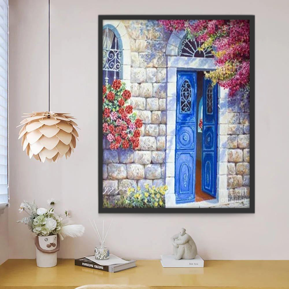 Flores Rojas sobre Ventana y Árbol Floral y Puerta Azul Pintar por Números