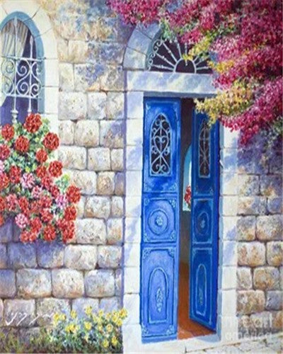 Flores Rojas sobre Ventana y Árbol Floral y Puerta Azul Pintar por Números