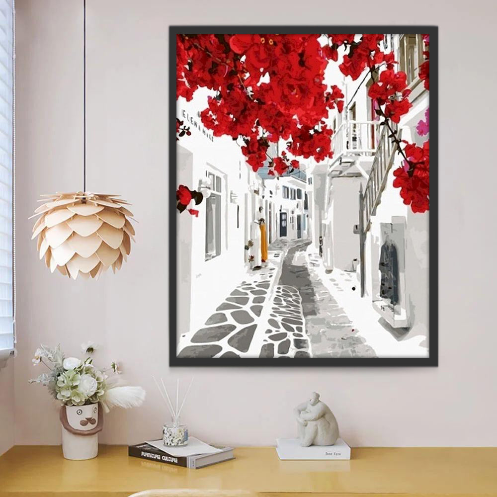 Flores Rojas y Camino de Ladrillos Pintar por Números