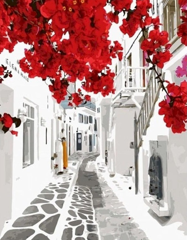 Flores Rojas y Camino de Ladrillos Pintar por Números