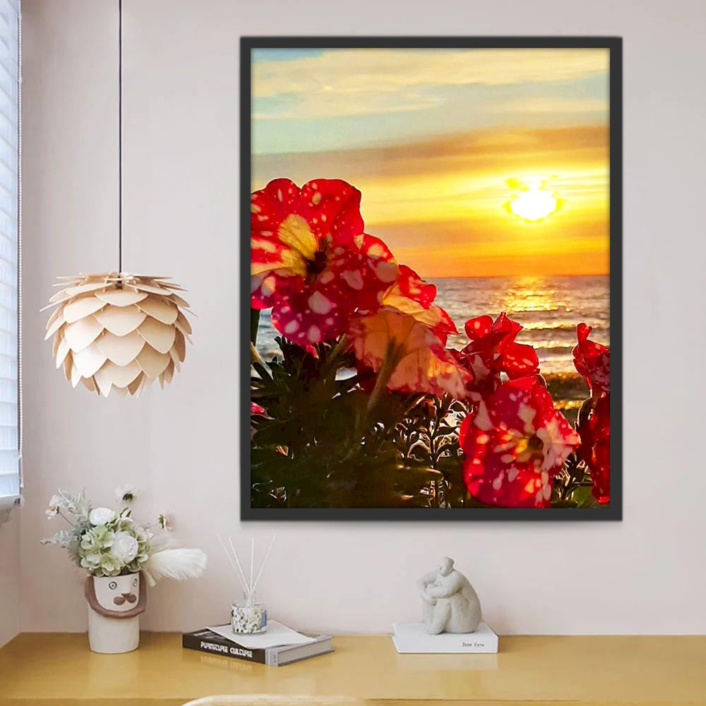 Flores Rojas y Puesta del Sol Pintar por Números
