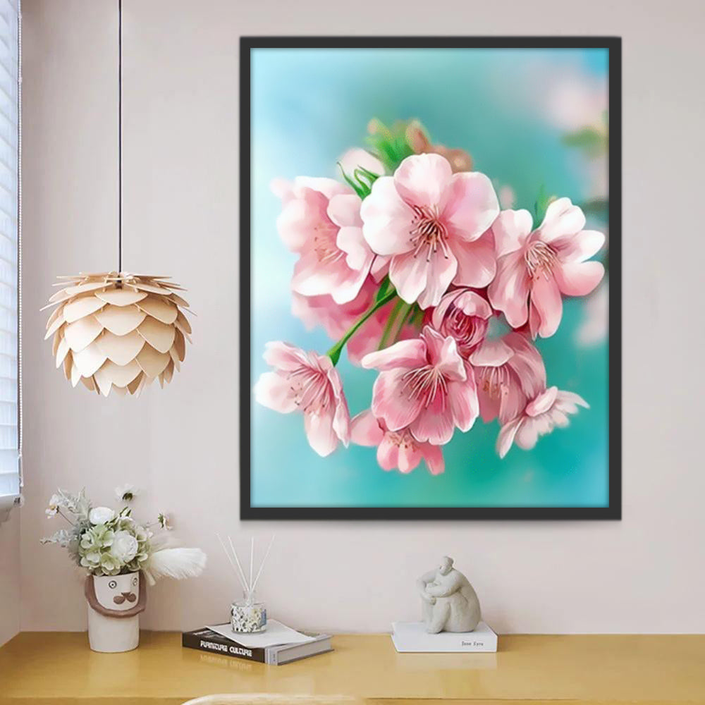 Flores Rosadas de Melocotón con Fondo Azul Difuso Pintar por Números