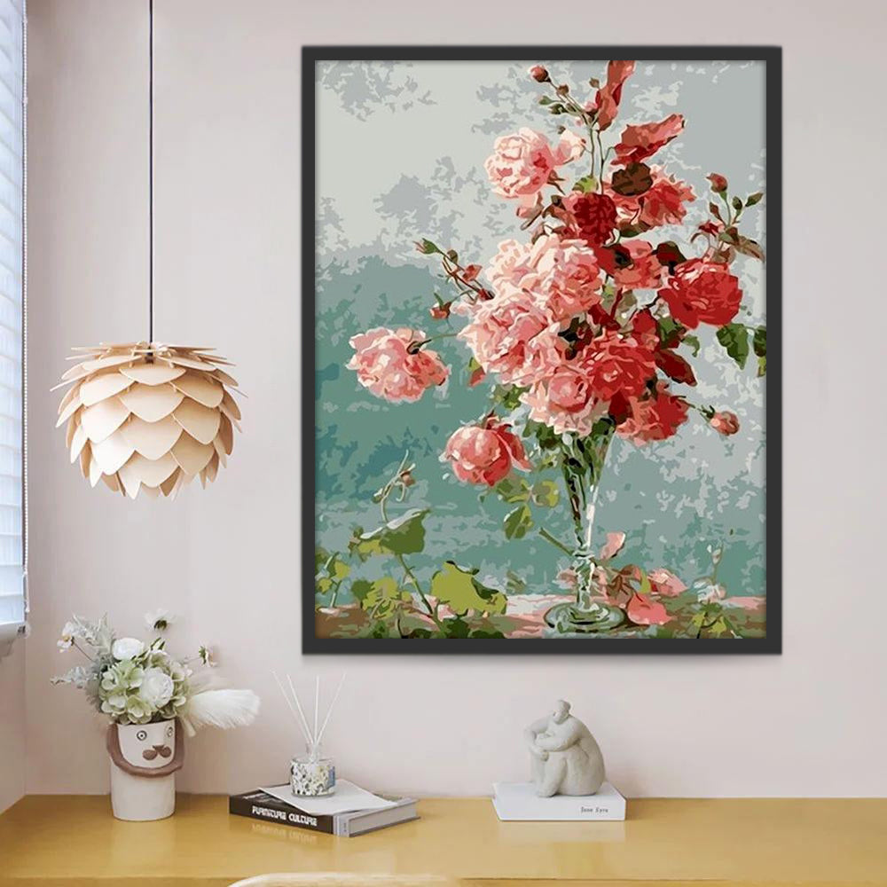 Flores Rosadas en Florero con Fondo Verde Pintar por Números