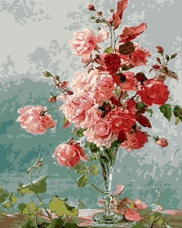 Flores Rosadas en Florero con Fondo Verde Pintar por Números