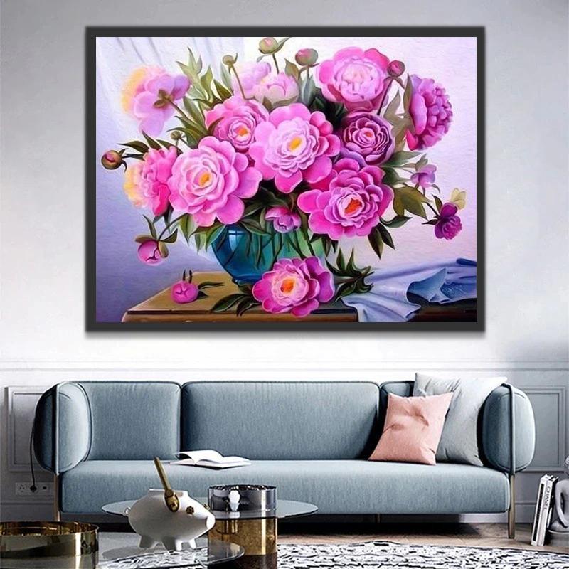 Flores Rosadas en Jarrón de Cristal sobre Mesa de Madera Pintar por Números