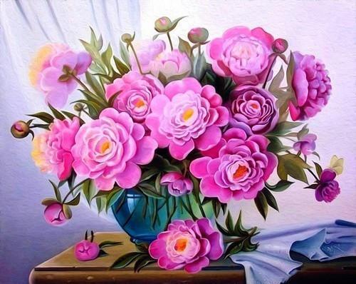 Flores Rosadas en Jarrón de Cristal sobre Mesa de Madera Pintar por Números