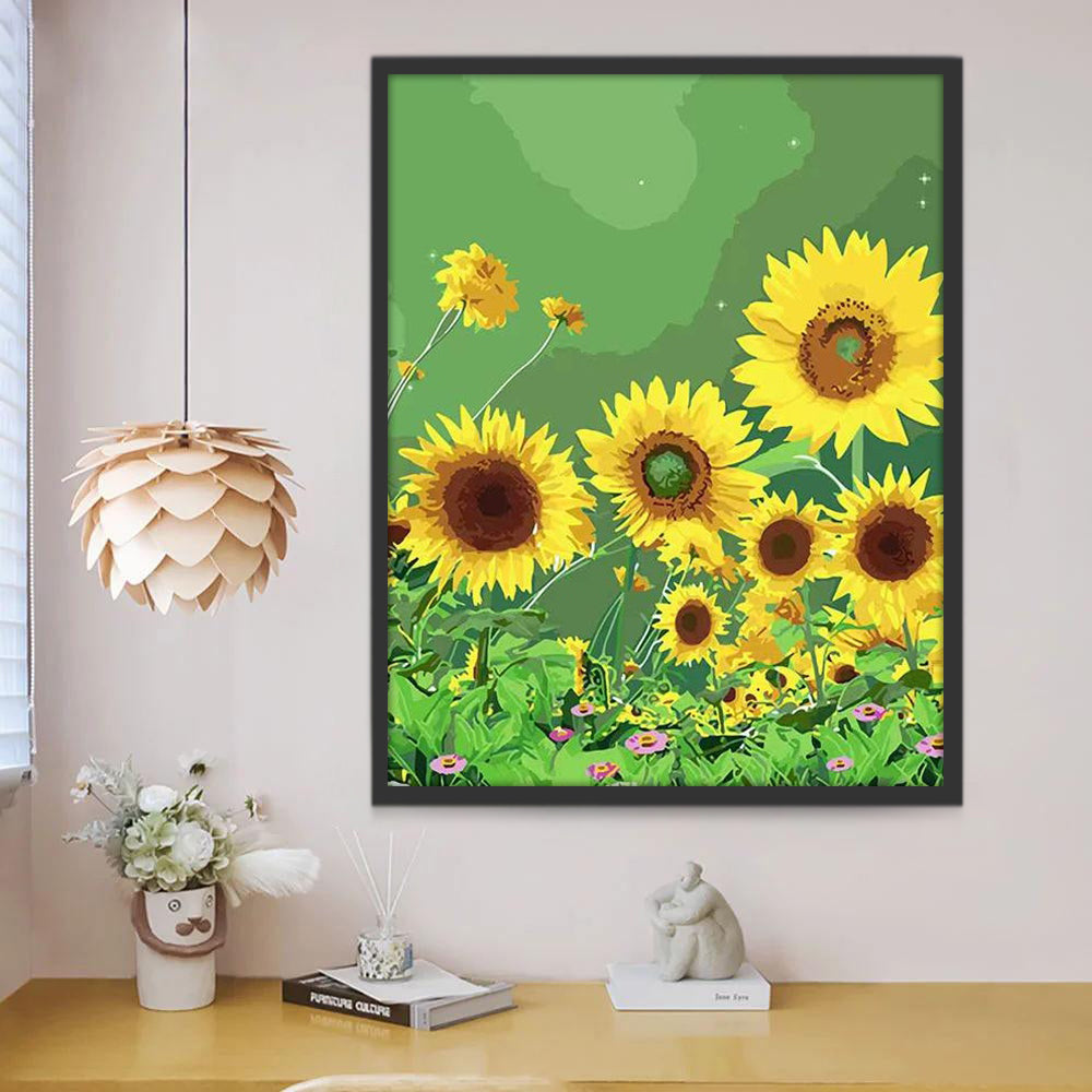 Flores Rosadas Pequeñas en Campo de Girasol Pintar por Números