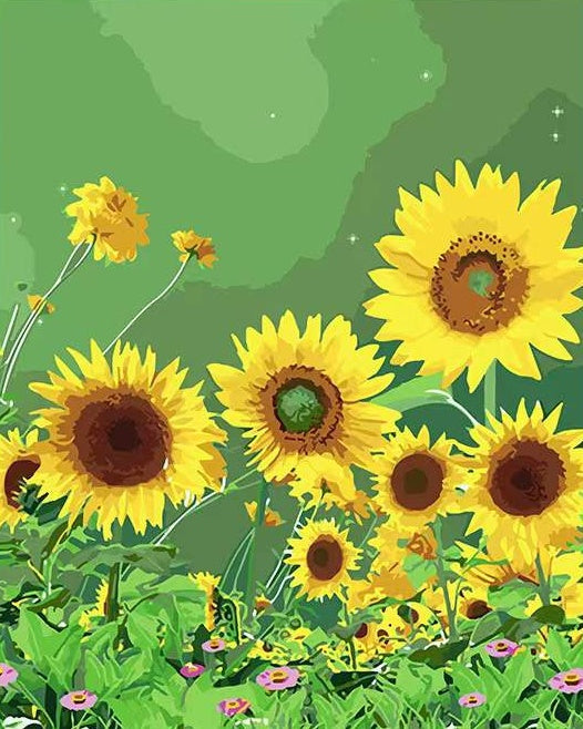 Flores Rosadas Pequeñas en Campo de Girasol Pintar por Números