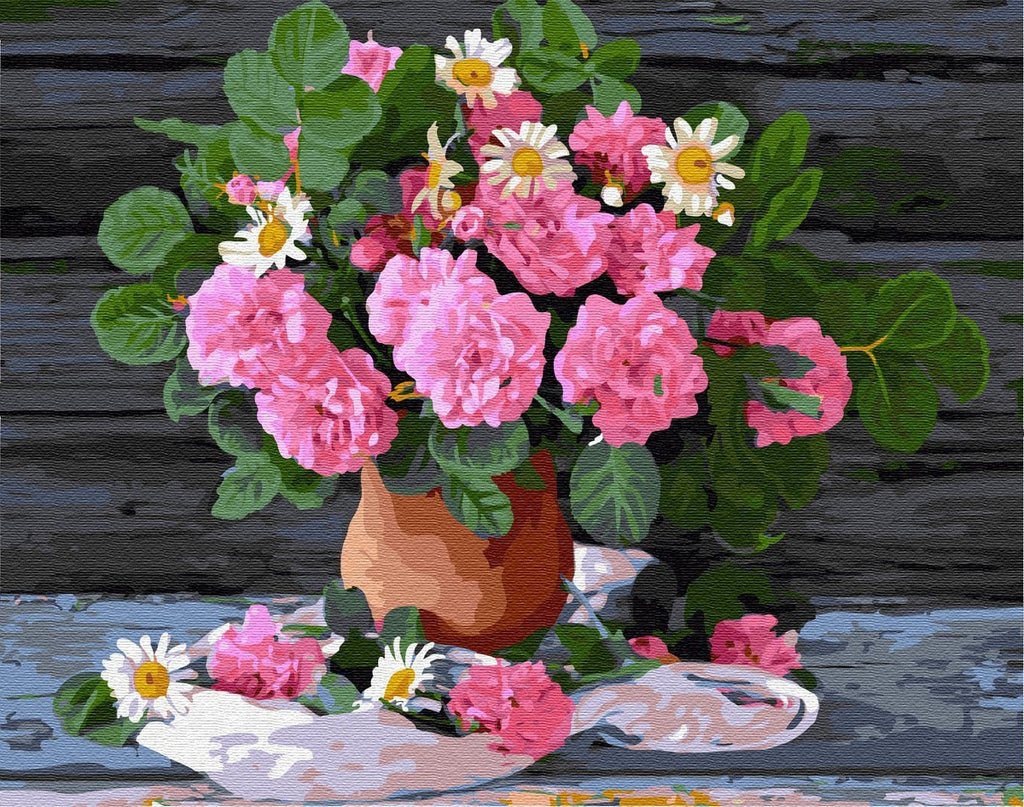 Flores Rosadas y Camomilas en Florero Marrón con Fondo Negro Pintar por Números