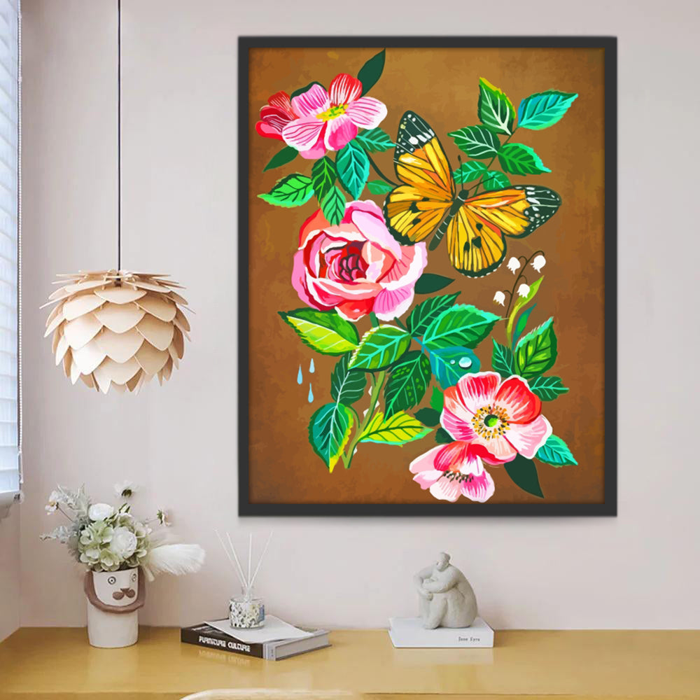 Flores Rosadas y Hojas Verdes y Mariposas con Fondo Marrón Pintar por Números