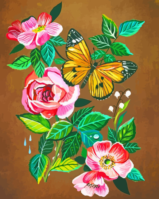 Flores Rosadas y Hojas Verdes y Mariposas con Fondo Marrón Pintar por Números