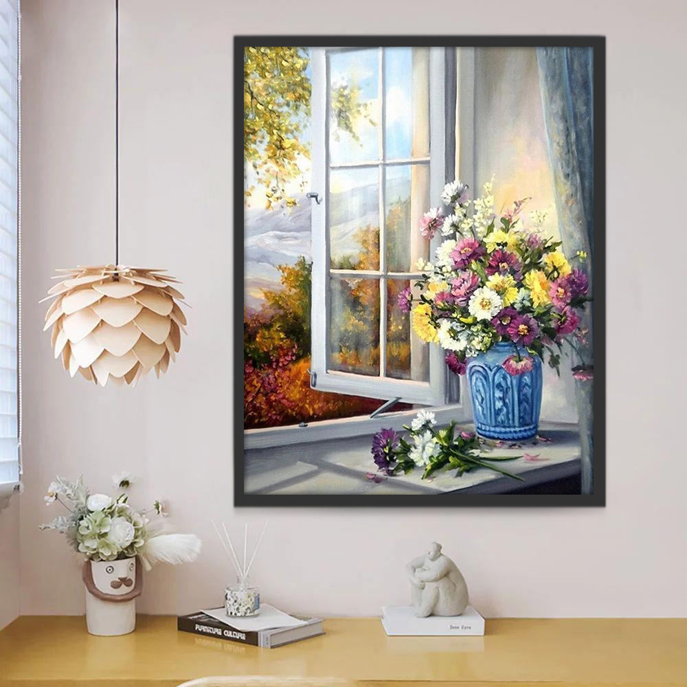 Flores sobre Alféizar y Árboles Fuera de Ventana Pintar por Números
