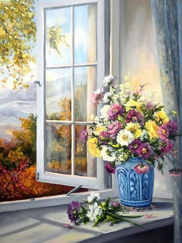 Flores sobre Alféizar y Árboles Fuera de Ventana Pintar por Números
