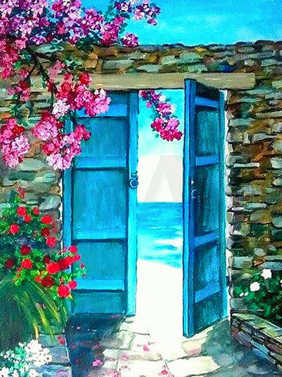 Flores y Puerta Azul en el Patio Pintar por Números