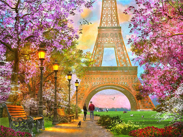 Flores y Torre Eiffel en Primavera Pintar por Números