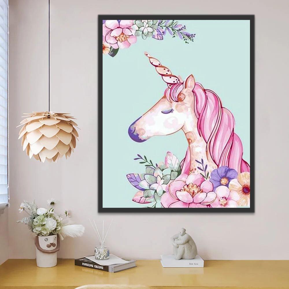 Flores y Unicornio con Melena Rosada Pintar por Números Niños