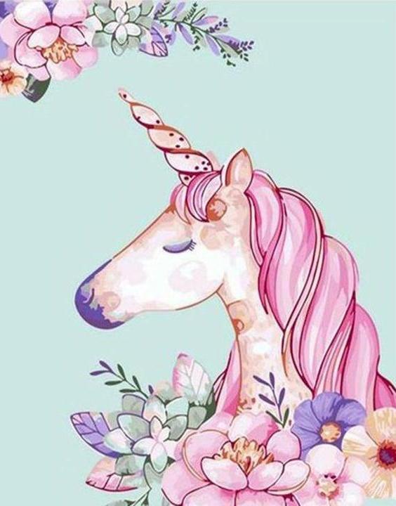 Flores y Unicornio con Melena Rosada Pintar por Números Niños