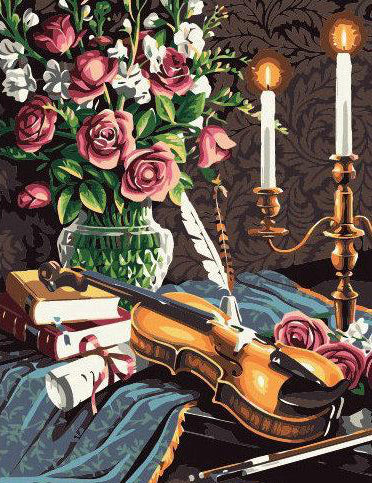 Flores y Violín y Libros sobre Mesa con Candelas Pintar por Números