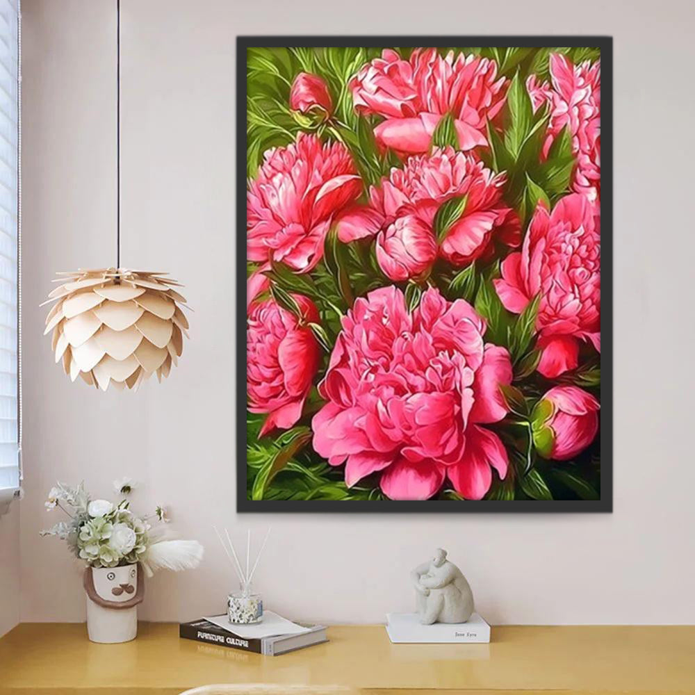 Fondo Floral con Peonías Rosadas con Hojas Verdes Pintar por Números