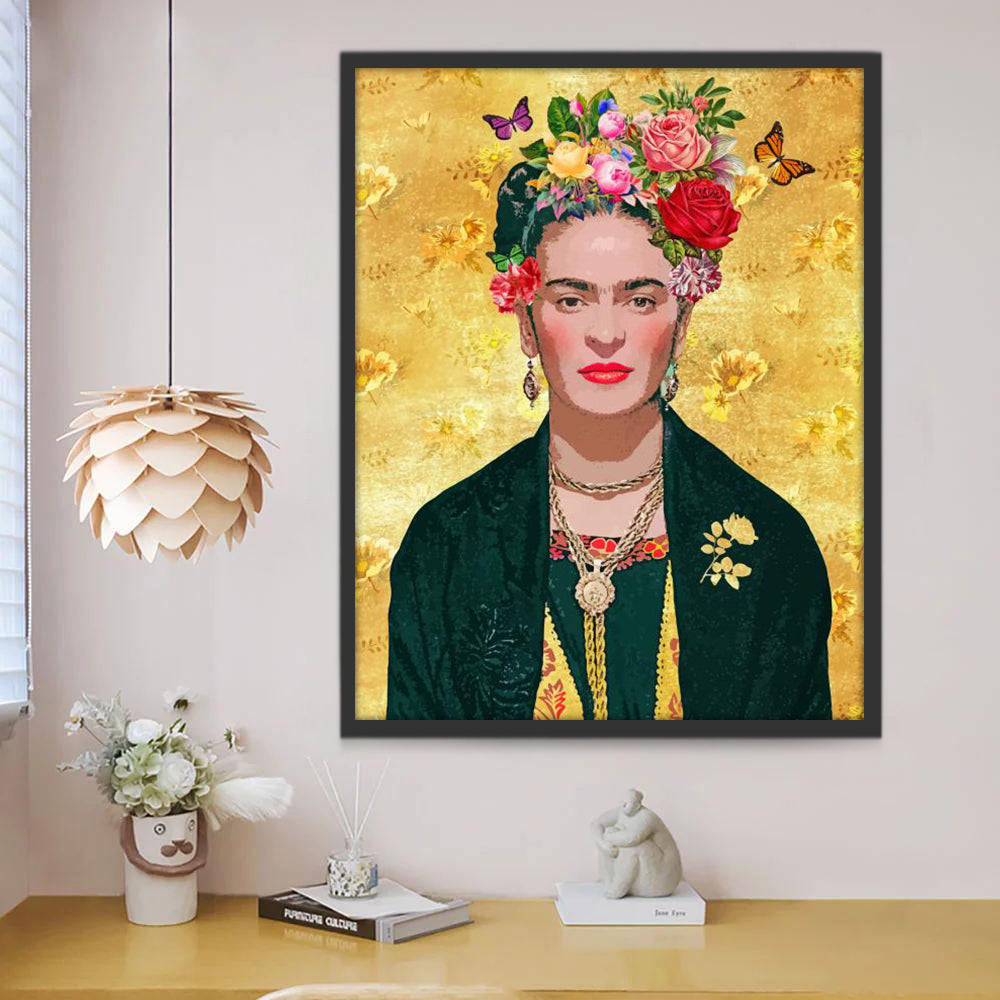 Frida Kahlo y Flores en el Fondo Dorado Pintar por Números