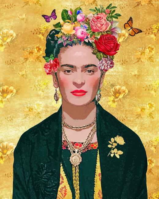 Frida Kahlo y Flores en el Fondo Dorado Pintar por Números