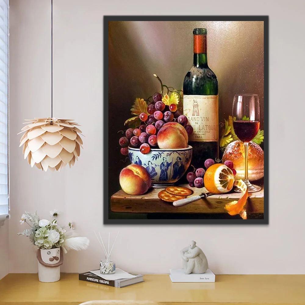 Frutas en Tazón y Vino Tinto en Copa Alta Pintar por Números
