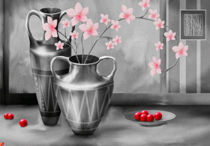 Frutas Rojas y Flores Rosadas en Fondo Gris Pintar por Números