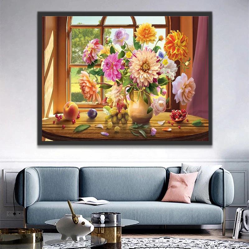Frutas y Florero con Crisantemos al Lado de Ventana Pintar por Números
