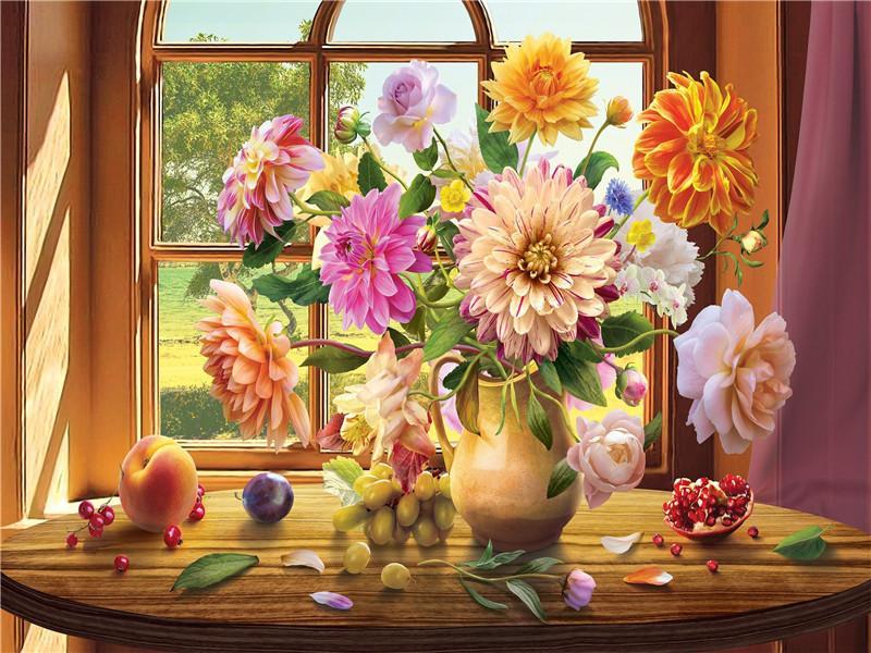 Frutas y Florero con Crisantemos al Lado de Ventana Pintar por Números