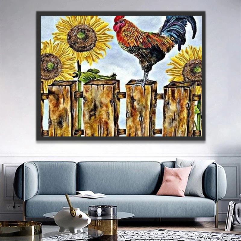 Gallo sobre Empalizada con los Girasoles Pintar por Números