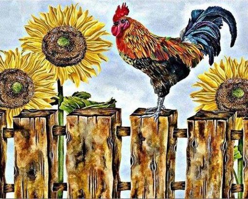 Gallo sobre Empalizada con los Girasoles Pintar por Números