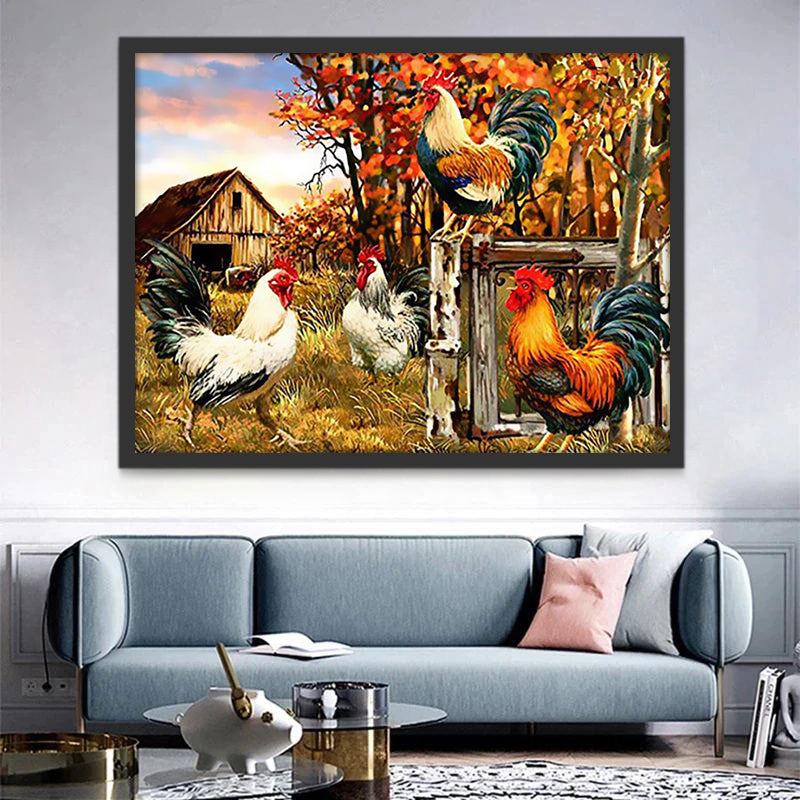 Gallos en la Granja de Otoño Pintar por Números