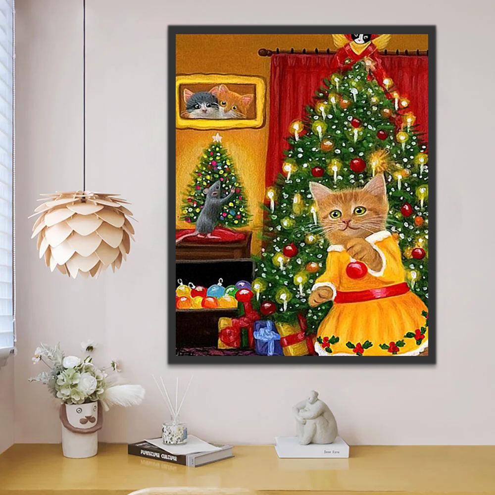 Gata y Ratón Decorando el Árbol de Navidad Pintar por Números