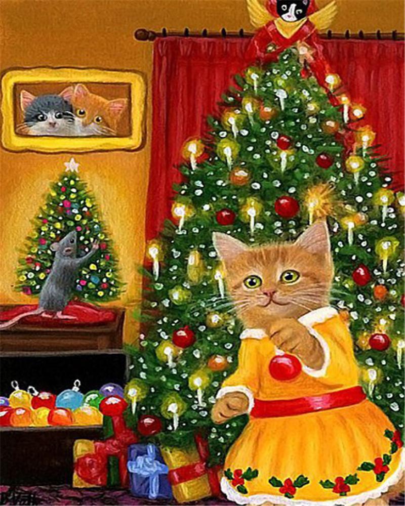 Gata y Ratón Decorando el Árbol de Navidad Pintar por Números