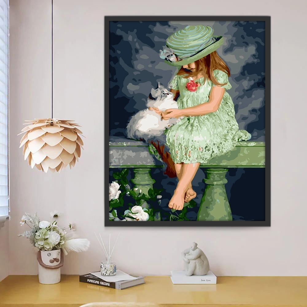Gatito Blanco y Niña de Vestido Verde Pintar por Números Niños