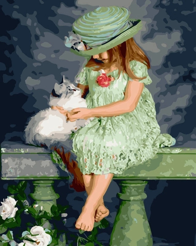 Gatito Blanco y Niña de Vestido Verde Pintar por Números Niños