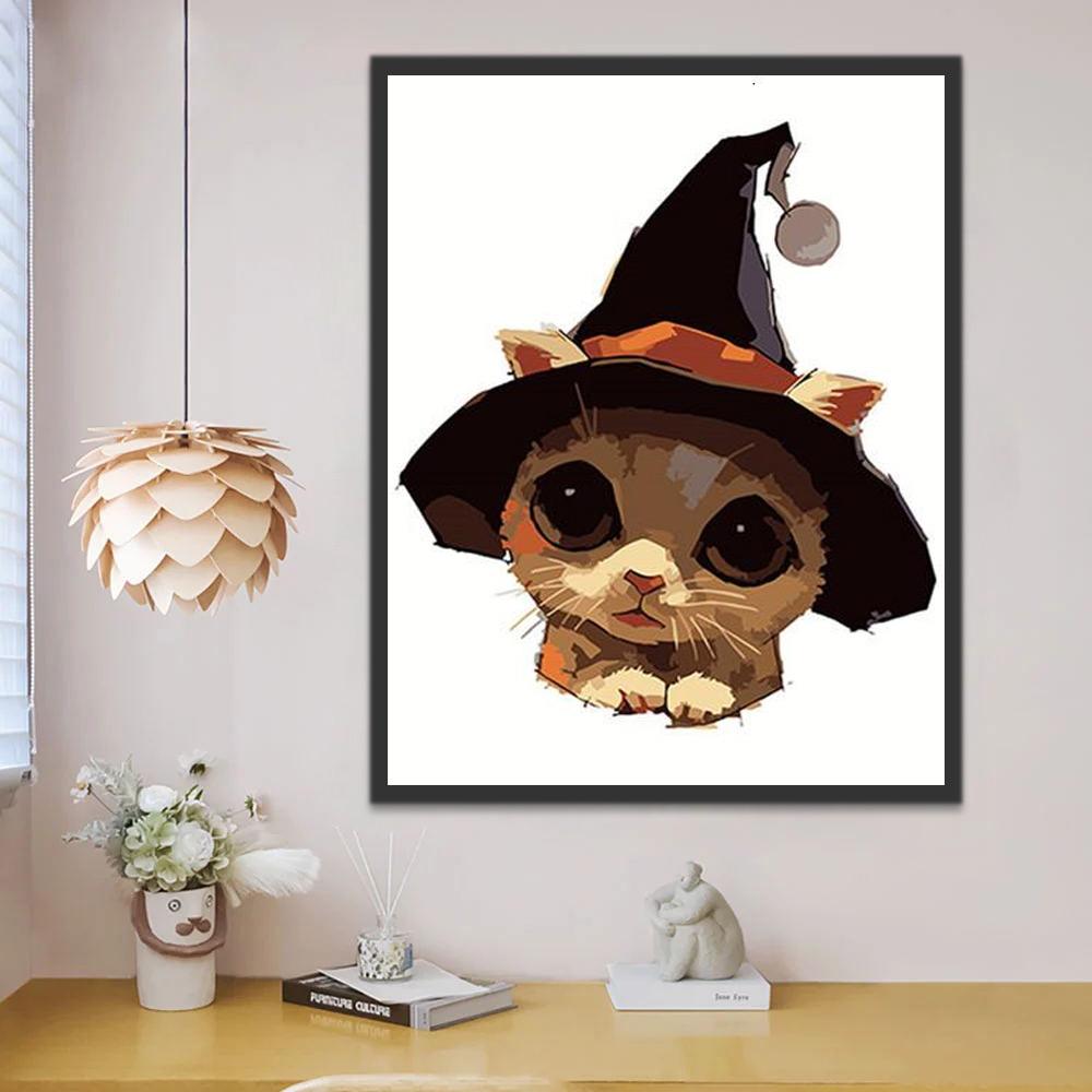 Gatito con Sombrero de Bruja Pintar por Números