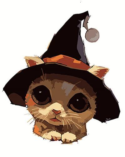 Gatito con Sombrero de Bruja Pintar por Números