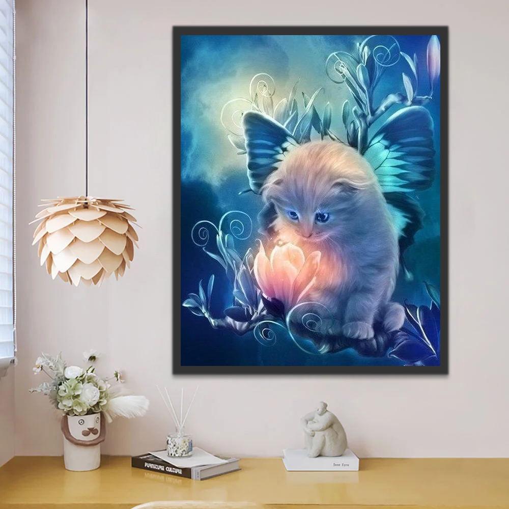 Gatito Mirando una Flor Brillante en la Noche Pintar por Números