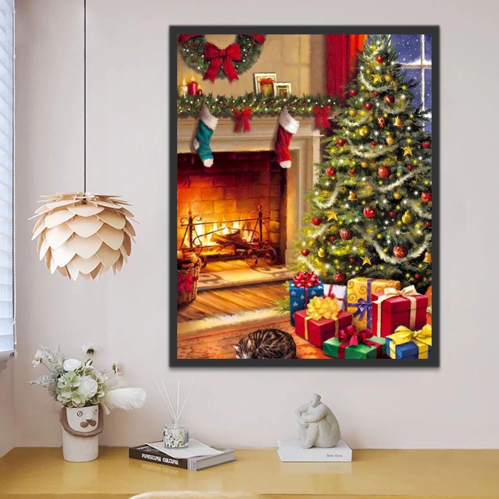 Gatito y Regalos con Árbol de Navidad Pintar por Números